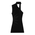 Robe courte en velours noir sans manches avec col licou et fronces latérales chics - XS / Noir