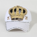 Detail of white baseball cap with gold crown sequins, skull charms, and pearl embellishments - Style 17-White Gold Crown Pearl