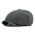 Dark grey herringbone newsboy cap with classic wool fabric and metal detail - One Size / Dark Gray