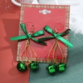 Christmas bow bell drop earrings with green glitter and gold chains on a red gift card - 18 Green Bow Single Bell