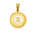 Gold round pendant with letter S featuring a spiral border and white enamel center - Letter S(S-P005-S)