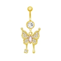 Golden stainless steel belly ring featuring a pink rhinestone butterfly with crystals - Gold Butterfly (Pink Stone)