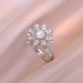 Elegant silver flower ring with pearl center and pavé zircon crystals on pink silk - Ring