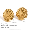 Polished 18K gold-plated stainless steel shell earrings measuring 32.4mm by 30.4mm - Cast Scallop Shell Stud Earrings - Gold