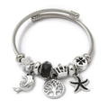 Silver steel rope bracelet with crystal beads, fish charm, and life tree pendant - Dolphin Life Tree Starfish (C2-020) / Black