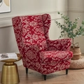 Elastic wingback chair cover with red and white vintage damascus floral pattern - Sherlock