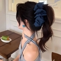 Oversized dark blue ruffled hair scrunchie shown in a high ponytail hairstyle - Denim Bubble Claw Clip - Dark Blue