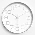 Minimalist 12-inch white round wall clock with 3D relief numbers and quartz movement - Silver Frame White Dial Silver Letters