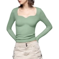 Close-up of the square heart neckline and slim-fit long sleeves on a green knit top - S / Light Green
