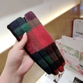 Women's winter plaid knit gloves in red, green, and blue color-block pattern - Red Green Checkered