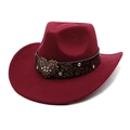 Dettaglio del cappello cowboy in lana bordeaux con fascia in pelle e fibbia di strass - M (56-58cm) / Borgogna