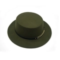 Detailed view of the dark green felt boater hat with a black leather band and gold chain - M (56-58cm) / Army Green