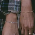 Minimalist gold and silver chain bracelet set with heart ring on a female model - Geometric Buckle Chain Style (6174001HB)