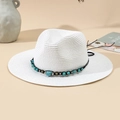 Cappello di paglia Panama bianco con perline turchesi boho e cordino decorativo nero - M (56-58cm) / Bianco