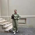 Sage green casual tracksuit set with hoodie and joggers featuring premium lettering - S / Green