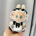 Green Labubu plush pendant wearing a black and white maid outfit with lace details - Black Tulle Maid Dress / First And Second Generation Keychains Are Compatible With La Cloth Dolls. Dolls Not Included.