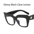 Glossy black cat-eye oversized eyeglasses with gold rivets and clear lenses - Bright Black