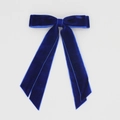 Detail of dark blue velvet double bow hair clip with long ribbon tails on white background - Sapphire Blue