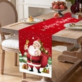 Festive red Merry Christmas table runner with Santa Claus pattern on a wooden dining table - 180cm x 35cm / Santa Claus