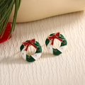 Christmas wreath earrings with green enamel, red bow and crystal in golden frame - Christmas Wreath Studs (EAR0020)