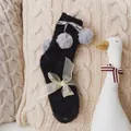 Calcetines negros de lana de conejo con pompones grises y lazo amarillo - Talla única / Negro