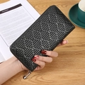 Elegant long black woven leather wallet for women with large capacity and zipper - Black
