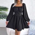 Elegantes schwarzes A-Linien-Minikleid mit Karree-Ausschnitt und Taillenfalten - S / Schwarz