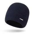 Dunkelblaue Rippstrick-Mütze mit silbernem Metall-Logo und warmem Fleece-Futter - Einheitsgröße / Marineblau