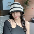 Women's summer black and white striped crochet straw bucket hat with hollow knit design - L (54cm-58cm) / Beige Striped