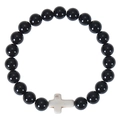 Élégant bracelet fait main en perles de pierre noire 8mm avec pendentif croix en marbre - Bracelet en Agate Noire