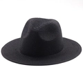 Minimalist black woven straw fedora hat with wide brim for summer sun protection - Black