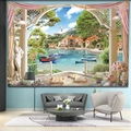 Tapiz de pared con vista al mar mediterráneo y balcón para decoración de interiores - 150x130cm / Vista al mar Mediterráneo
