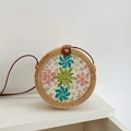 Handmade round rattan crossbody bag featuring colorful flower shell mosaic patterns - Pink Blue Green Leaves