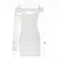 Sultry white off-shoulder bodycon dress with mesh panels and ruched sleeve details - S / White