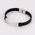 Detailed close-up of a black leather cord bracelet with a polished silver metal plate - Steel
