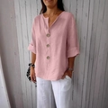 Camicia in lino rosa con scollo a V, bottoni grandi e maniche corte su modella - 3XL / Rosa (8055# Stile a Triplo Bottone)