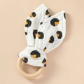 Cotton bunny ear baby teether with leopard print fabric and natural wooden ring - Leopard Print