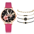 Detail view of pink leather strap quartz watch and four matching bracelets in gold and black - Bracelet / Rose Red