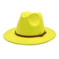 Detail of bright yellow wool fedora hat with brown leather band and metal buckle - M (56-58cm) / Neon Yellow