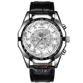 Unraion skeleton automatic mechanical men's watch with silver octagonal case and black strap - Black Leather Strap White Dial