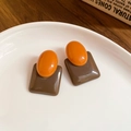 Retro resin flower earrings with orange oval and brown square studs on a white plate - Vintage Geometric Resin Studs (12# Silver Pin-Coffee)