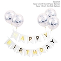 Detail view of Happy Birthday gold foil banner with five 12-inch clear confetti balloons - Silver Confetti Balloons + White Hot Stamping Birthday Set