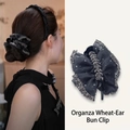 Elegante fermaglio per capelli in organza nera con spighe di grano e perle per chignon - Fermaglio per Chignon a Spiga di Grano Rotonda Principessa Parigina / Nero