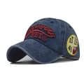 Macro shot of 3ET red embroidery and yellow side patch on washed navy baseball cap - Adjustable / Navy Blue