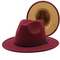 Close-up of burgundy fedora hat featuring black leather belt and khaki contrast brim - M (56-58cm) / Wine Red and Camel