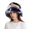 Detail of multi-color faux fur bucket hat showing high-quality texture and pattern - White Blue Patchwork
