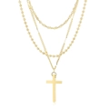Three-layer gold necklace featuring cross pendant and pearl-style bead chain links - Multi-Layer Cross Style (KN227436-WGCY)