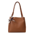 Borsa tote in pelle PU marrone con manici intrecciati e foulard di seta decorativo - Marrone