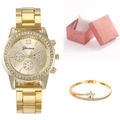 Set orologio da donna al quarzo dorato con lunetta di diamanti, bracciale stella e scatola - Set Orologio Bracciale Regalo / Oro
