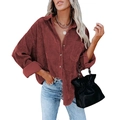 Oversize reddish brown corduroy shirt for women with long sleeves and front pockets - S / Burgundy